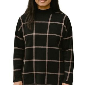 Ann Taylor Black & Tan Plaid XL Mock Neck Cotton Blend Long Sleeve Tunic Sweater